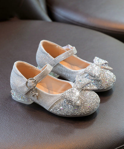 Kids Silver Buckle Strap Bow Zircon Flat Shoes Faux Leather