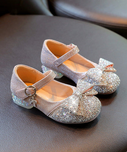 Kids Silver Buckle Strap Bow Zircon Flat Shoes Faux Leather