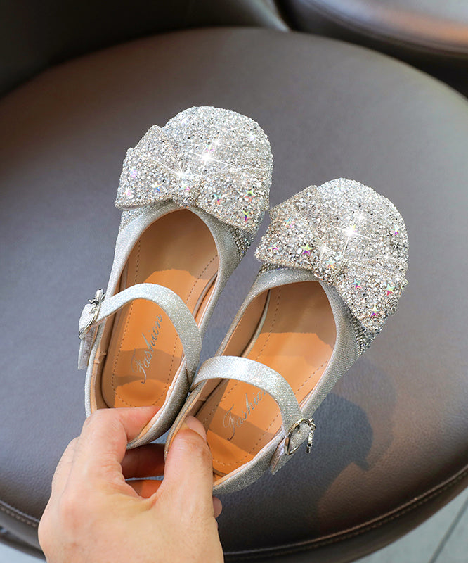 Kids Silver Buckle Strap Bow Zircon Flat Shoes Faux Leather