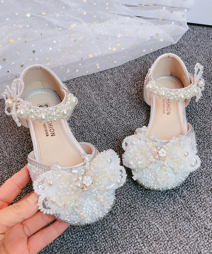 Kids Silver Princess Sandals Buckle Strap Zircon Nail Bead