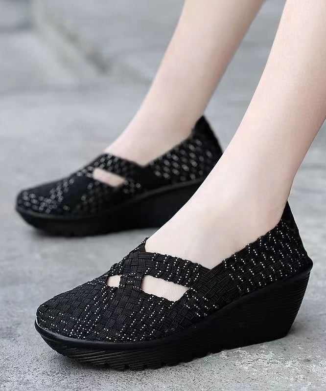 Knit Fabric Black Handmade Comfortable Splicing Wedge Heels Soolinen Shoes-20251