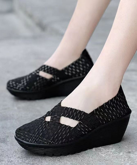 Knit Fabric Black Handmade Comfortable Splicing Wedge Heels Soolinen Shoes-20251