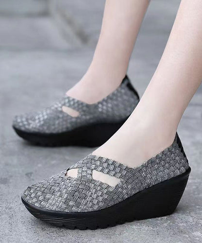 Knit Fabric Black Handmade Comfortable Splicing Wedge Heels Soolinen Shoes-20251