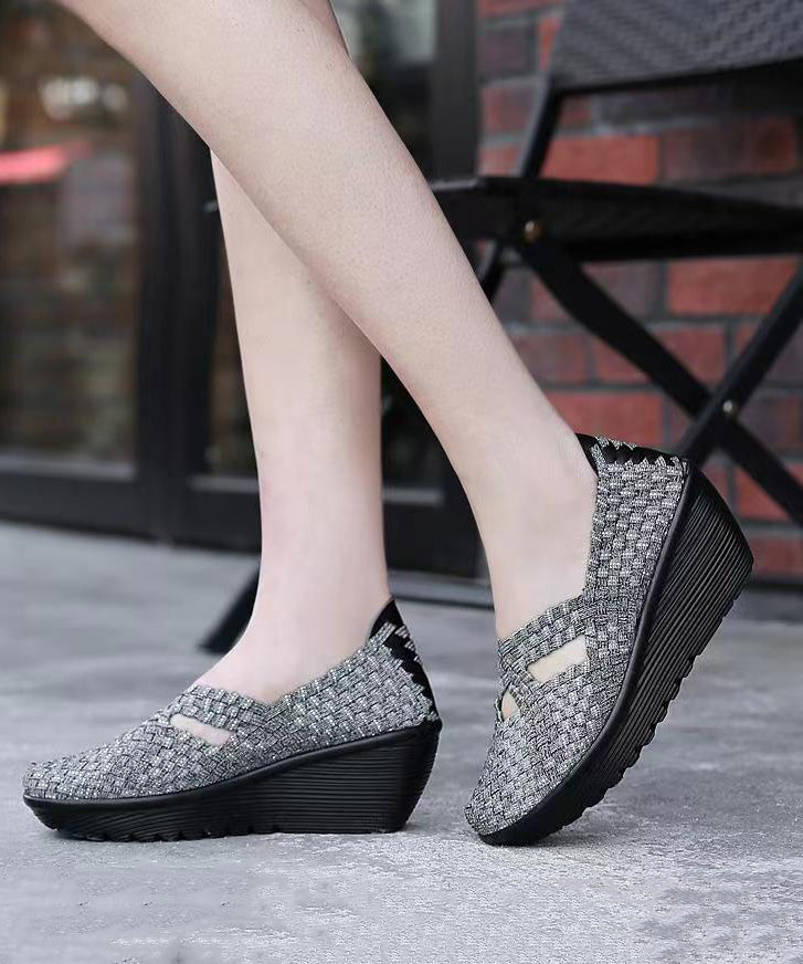 Knit Fabric Black Handmade Comfortable Splicing Wedge Heels Soolinen Shoes-20251
