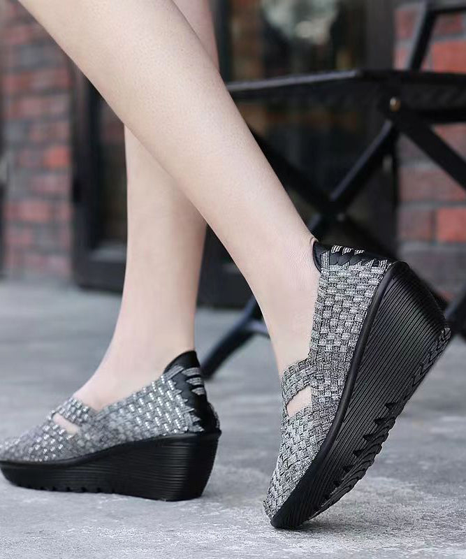 Knit Fabric Black Handmade Comfortable Splicing Wedge Heels Soolinen Shoes-20251