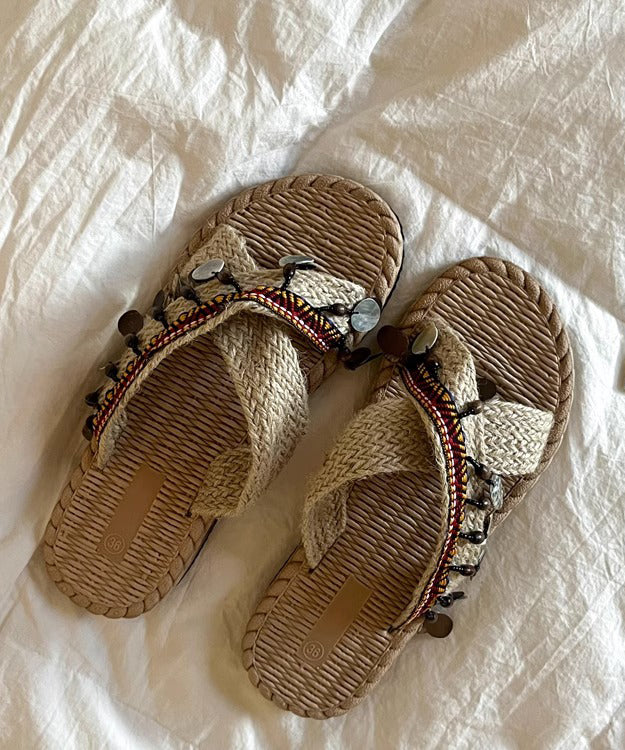Knit Fabric Splicing Tassel Peep Toe Slide Sandals