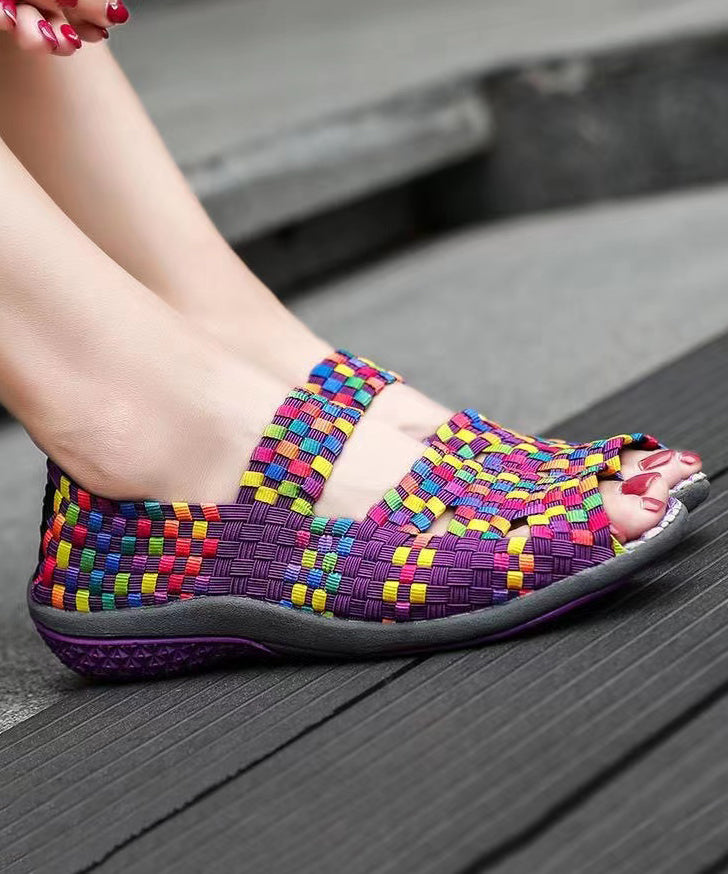 Knit Fabric Flat Shoes for Purple Splicing Peep Toe Soolinen Shoes-20251