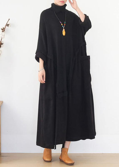 Knitted Black Sweater Aesthetic Design High Neck Patchwork Hipster Sweater Dress