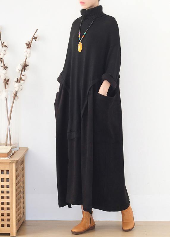 Knitted Black Sweater Aesthetic Design High Neck Patchwork Hipster Sweater Dress