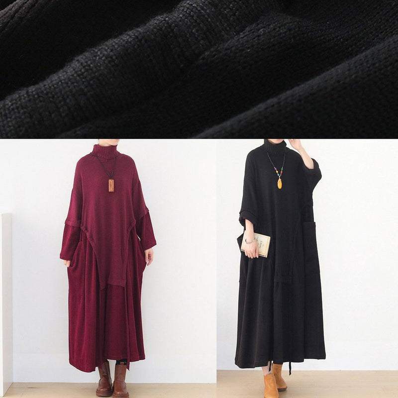 Knitted Black Sweater Aesthetic Design High Neck Patchwork Hipster Sweater Dress
