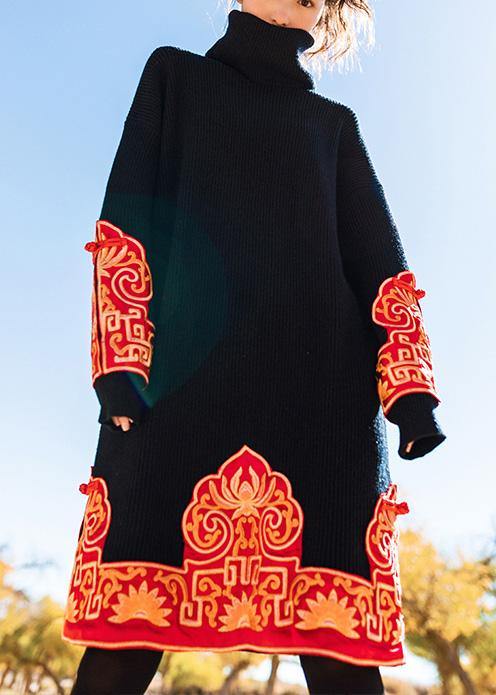 Knitted Black Sweater Wardrobes Embroidery Oversized High Neck Knit Dress