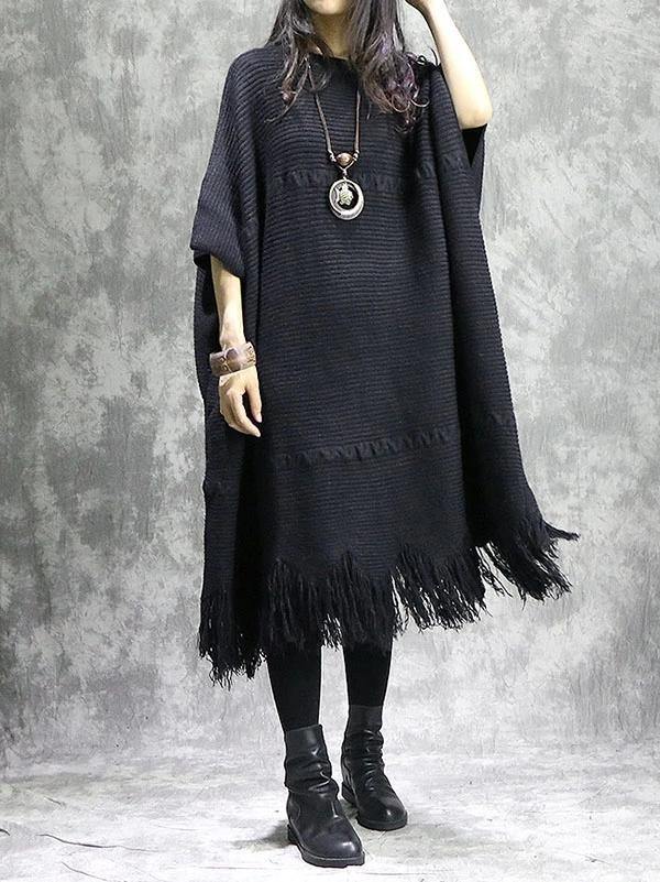 Knitted Black Sweater Dress Outfit Diy O Neck Tassel Mujer Sweater Dress