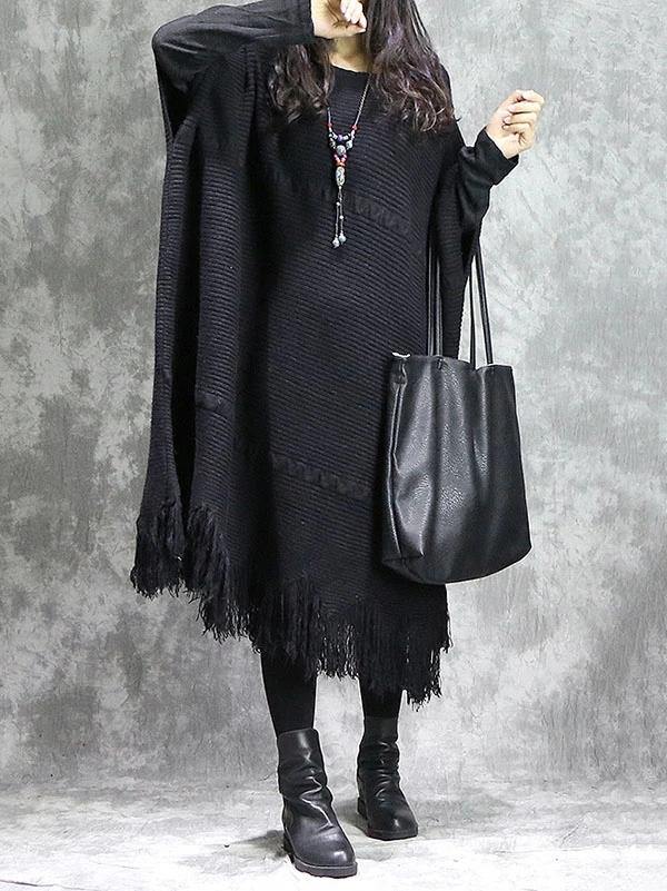 Knitted Black Sweater Dress Outfit Diy O Neck Tassel Mujer Sweater Dress