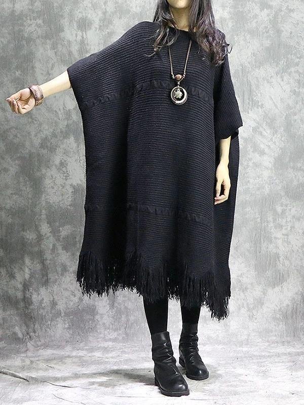 Knitted Black Sweater Dress Outfit Diy O Neck Tassel Mujer Sweater Dress