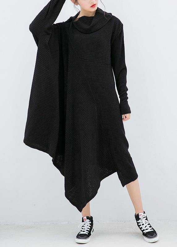 Knitted Black Sweater Dresses Design Asymmetric Big High Neck Knitted Tops