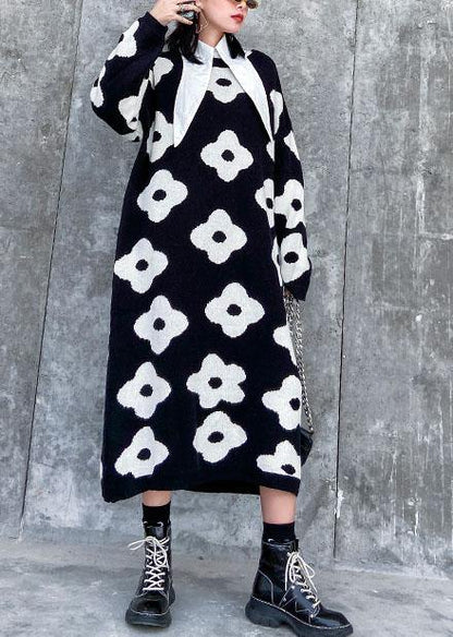 Knitted Black Print Sweater Aesthetic O Neck Baggy Knit Dress