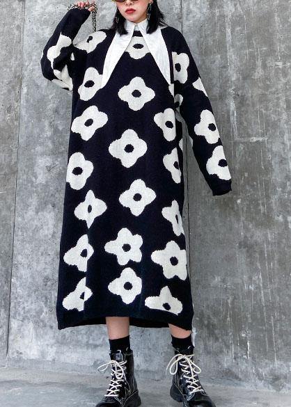 Knitted Black Print Sweater Aesthetic O Neck Baggy Knit Dress