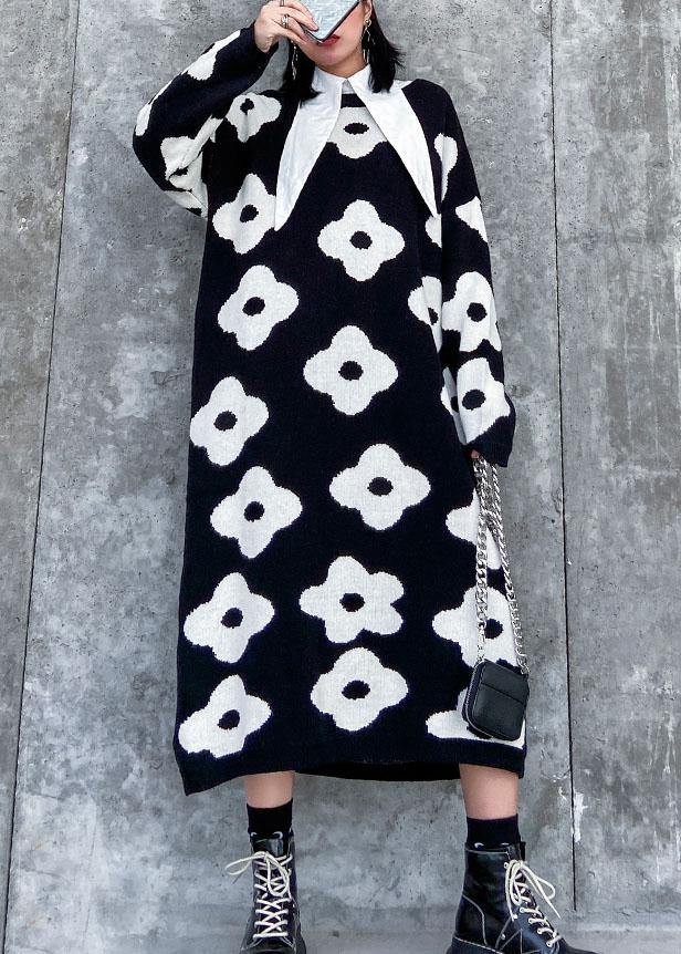 Knitted Black Print Sweater Aesthetic O Neck Baggy Knit Dress