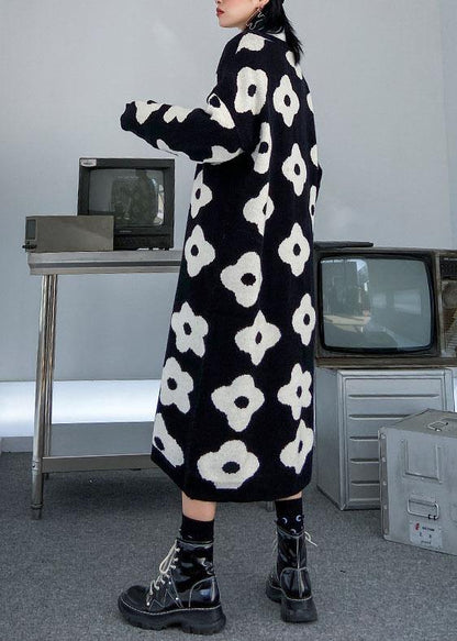 Knitted Black Print Sweater Aesthetic O Neck Baggy Knit Dress