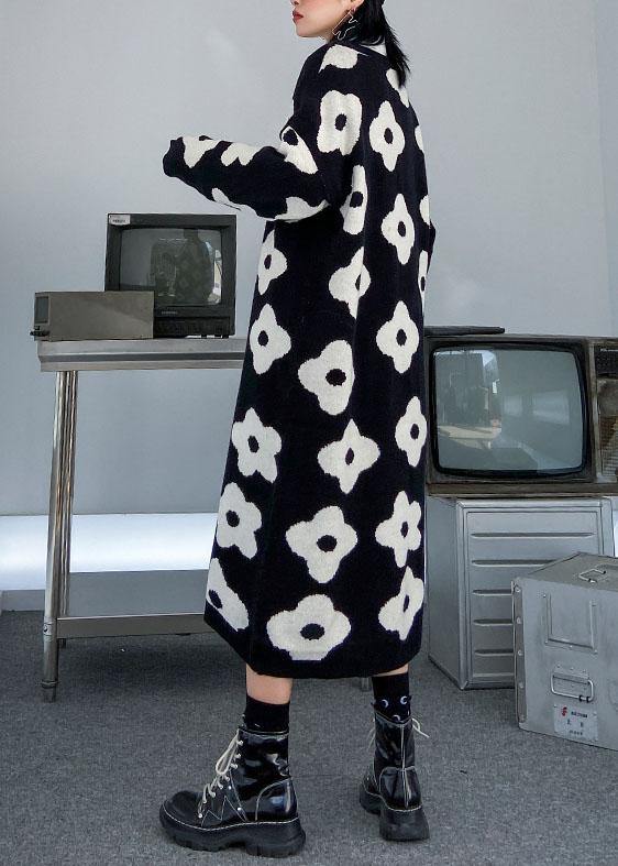 Knitted Black Print Sweater Aesthetic O Neck Baggy Knit Dress