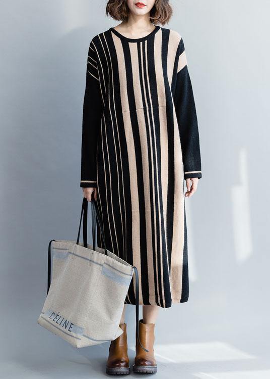Knitted Black Striped Sweater Dress Outfit High Waist Funny Fall Knit Dress