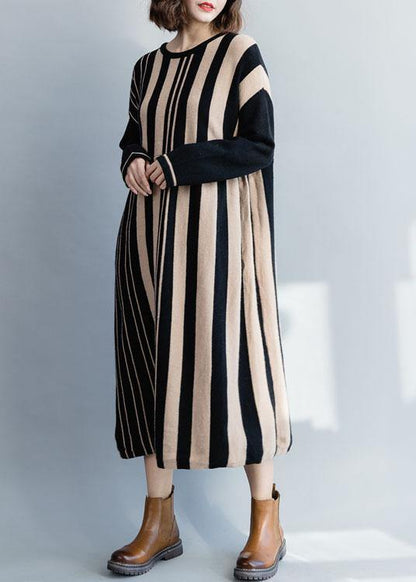 Knitted Black Striped Sweater Dress Outfit High Waist Funny Fall Knit Dress