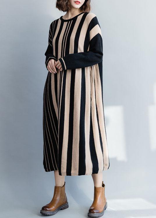 Knitted Black Striped Sweater Dress Outfit High Waist Funny Fall Knit Dress