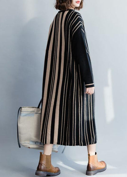 Knitted Black Striped Sweater Dress Outfit High Waist Funny Fall Knit Dress