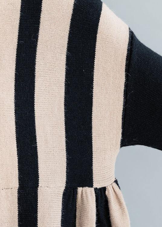 Knitted Black Striped Sweater Dress Outfit High Waist Funny Fall Knit Dress