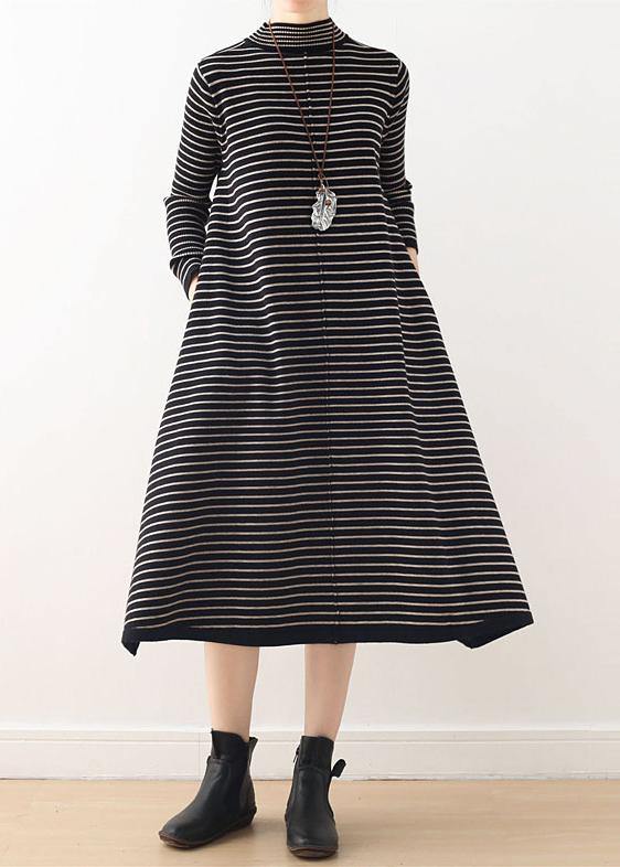 Knitted High Neck Sweater Weather Black Striped Baggy Knitwear