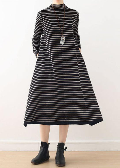 Knitted High Neck Sweater Weather Black Striped Baggy Knitwear