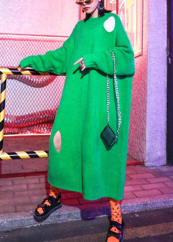 Knitted O Neck Hole Sweater Weather Design Green Daily Knit Dress
