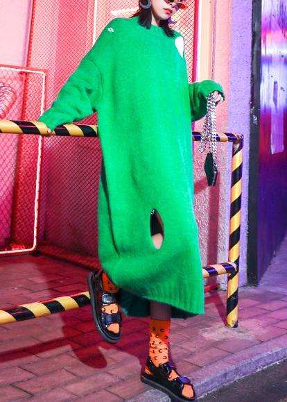 Knitted O Neck Hole Sweater Weather Design Green Daily Knit Dress