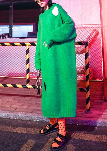 Knitted O Neck Hole Sweater Weather Design Green Daily Knit Dress