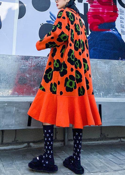 Knitted O Neck Ruffles Sweater Outfits Orange Print Knitted Dress