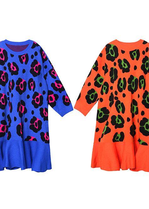 Knitted O Neck Ruffles Sweater Outfits Orange Print Knitted Dress