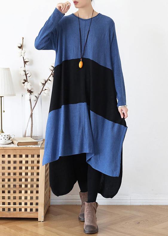 Knitted O Neck Patchwork Sweater Fall Weather Quotes Blue Tunic Knitwear