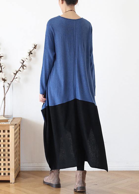Knitted O Neck Patchwork Sweater Fall Weather Quotes Blue Tunic Knitwear
