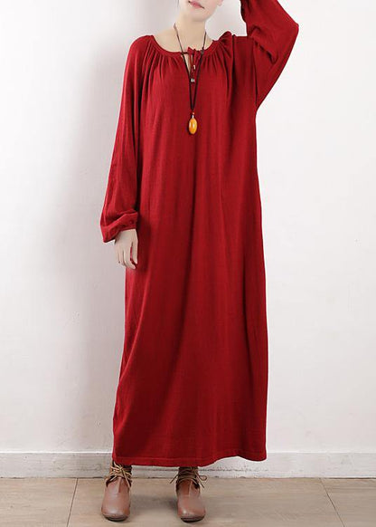 Knitted O Neck Cinched Sweater Dress Outfit Red Daily Knitwear Fall