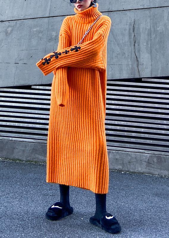 Knitted Orange Sweater Weather Street Style Appliques Tejidos High Neck Sweater Dresses