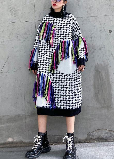 Knitted Plaid Sweater Dresses Design Tassel Oversized High Neck Sweater Dresses