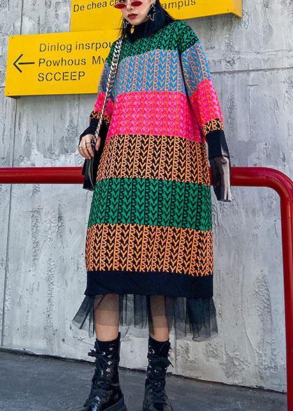 Knitted Rainbow Sweater Dress Outfit O Neck Spring Sweater Dress