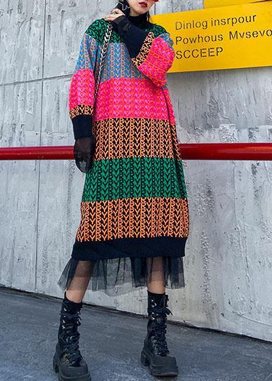 Knitted Rainbow Sweater Dress Outfit O Neck Spring Sweater Dress