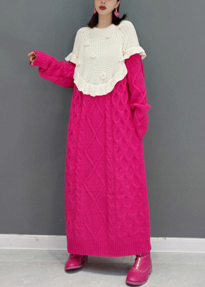 Knitting Cotton Red O-neck Patchwork Warm Thick Knit Sweater Dress Winter