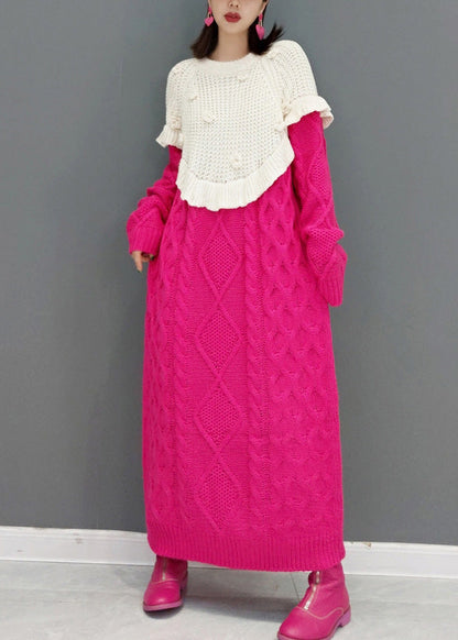 Knitting Cotton Red O-neck Patchwork Warm Thick Knit Sweater Dress Winter