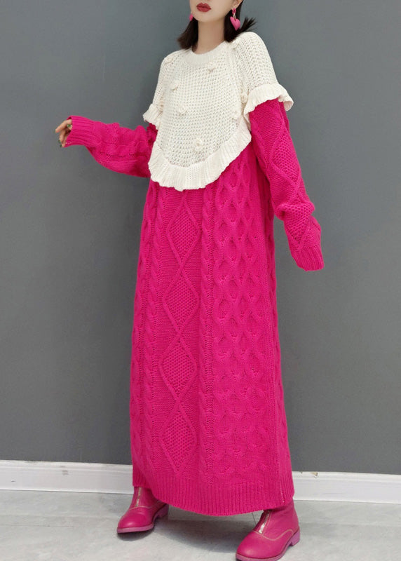 Knitting Cotton Red O-neck Patchwork Warm Thick Knit Sweater Dress Winter