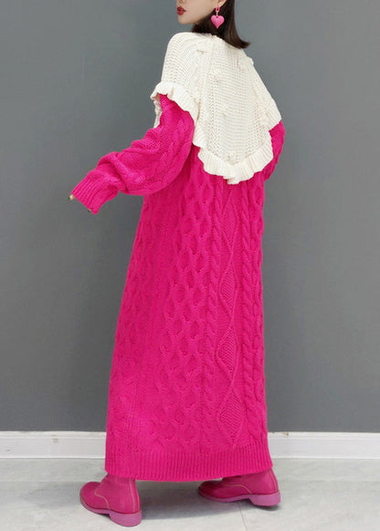 Knitting Cotton Red O-neck Patchwork Warm Thick Knit Sweater Dress Winter