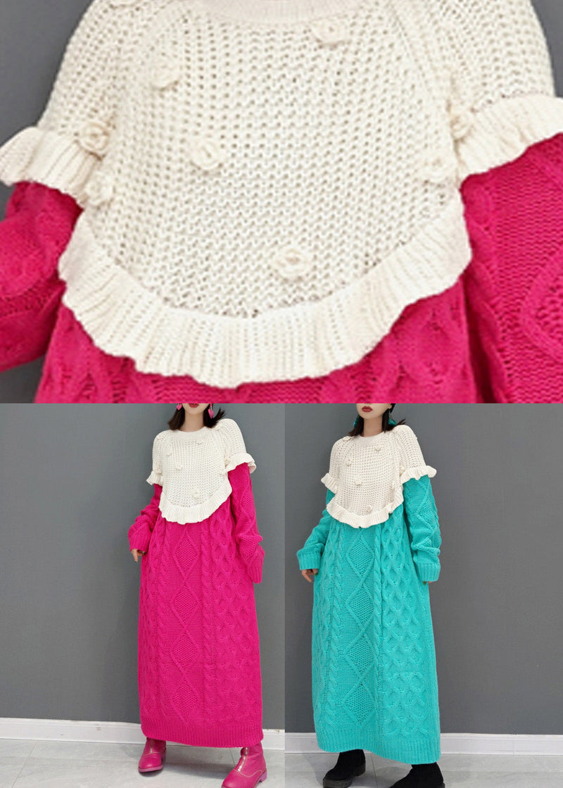 Knitting Cotton Red O-neck Patchwork Warm Thick Knit Sweater Dress Winter