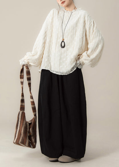 Korean Style Sweet Apricot Long Sleeved Lace Top and Pants 2 Piece Outfit