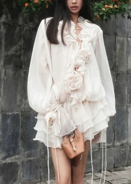 Korean Style Three-dimensional Flower Ruffled Lantern Sleeve Dress